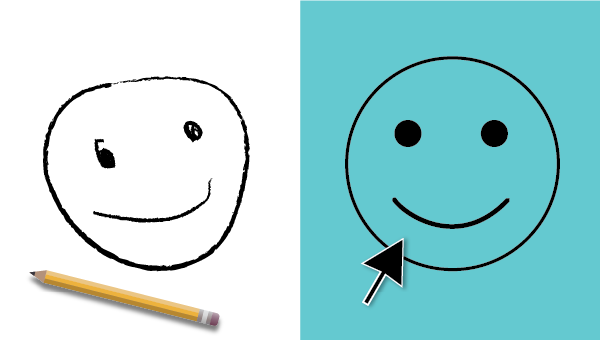 ugly smiley face with pencil versus a perfect smiley face with cursor pointer
